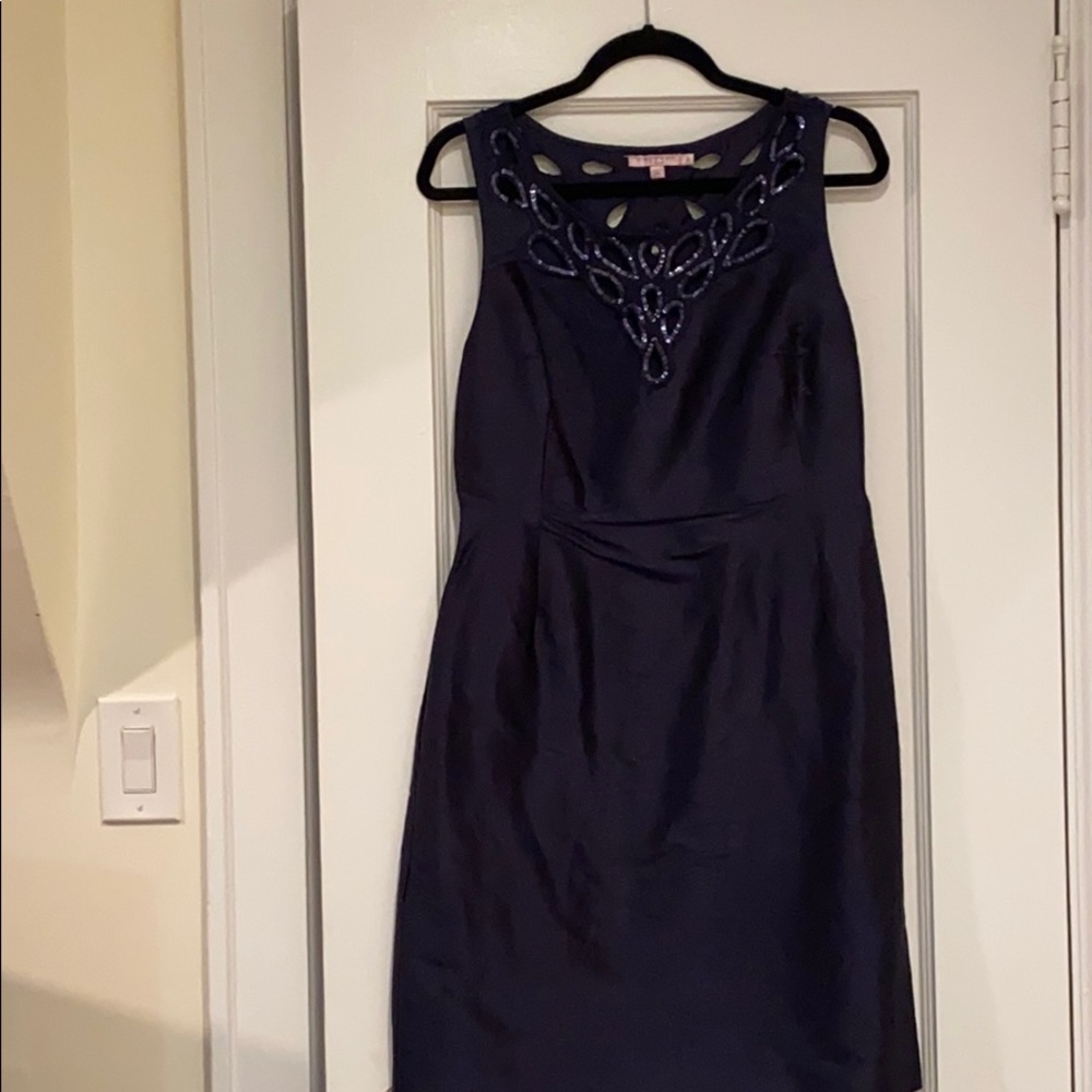 Navy silk shantung Calypso dress with sequins